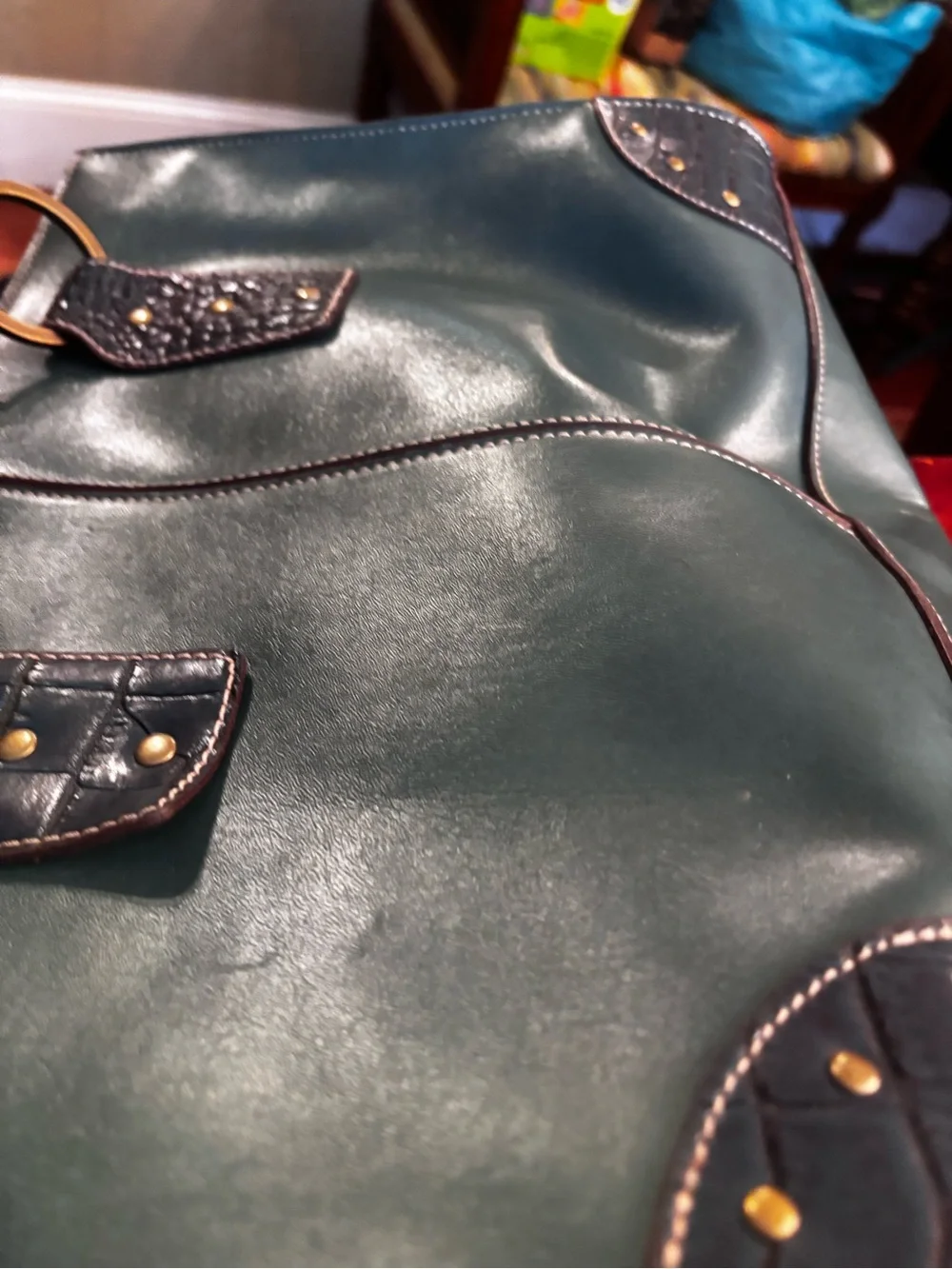 Structured Green Leather Tote Bag with Green Croc-Detail Handles NWOT